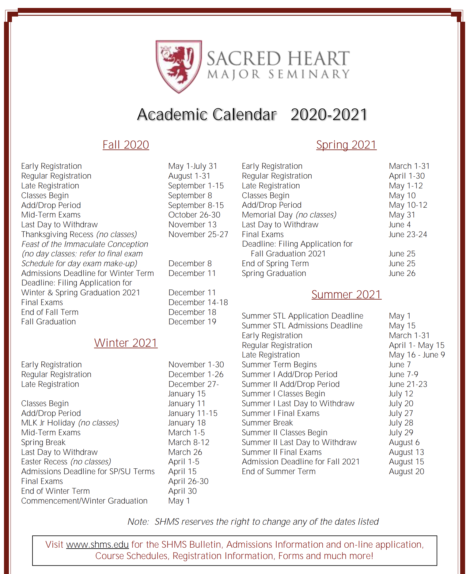 sacred heart academic calendar 2021 Registrar Sacred Heart Major Seminary sacred heart academic calendar 2021